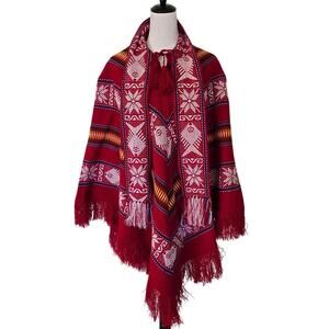Handmade Otavalo Red Wool Poncho/Cape Made in Ecuador One Size Tribal Boho
